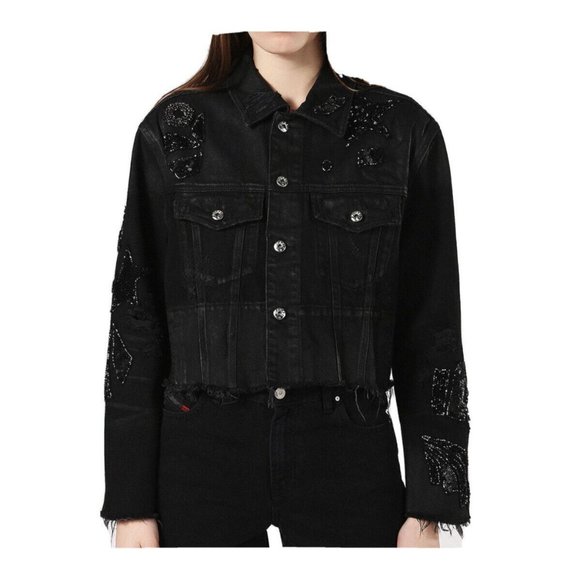 $598 Diesel Women’s De Vise Re Crop Jacket Black Destroy & Sequins Work Size S